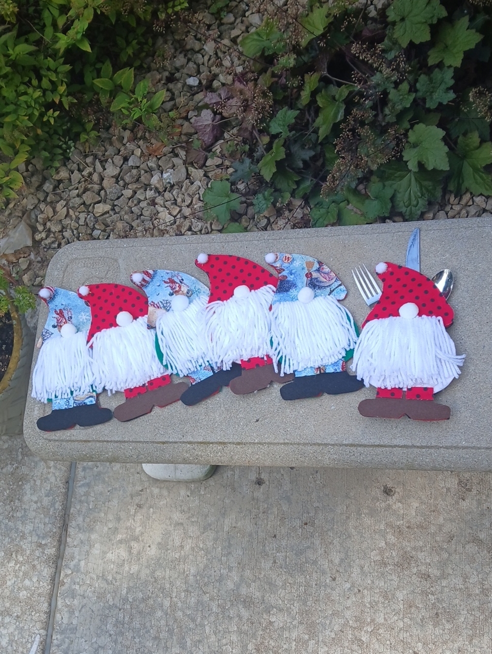 Handmade gnome silverware holders featuring fluffy white yarn beards Set Of 6
